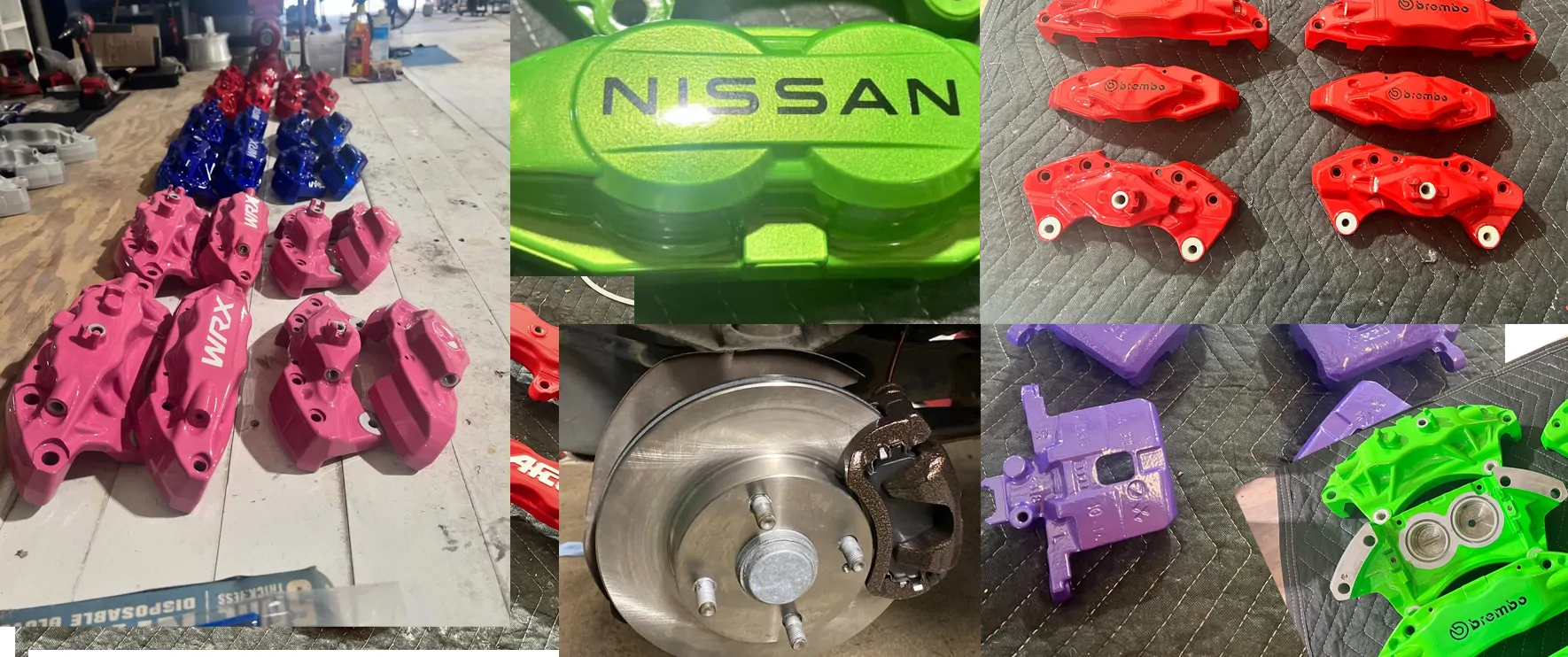 Collage of brake calipers coated in pink, blue, red, lime green and purple