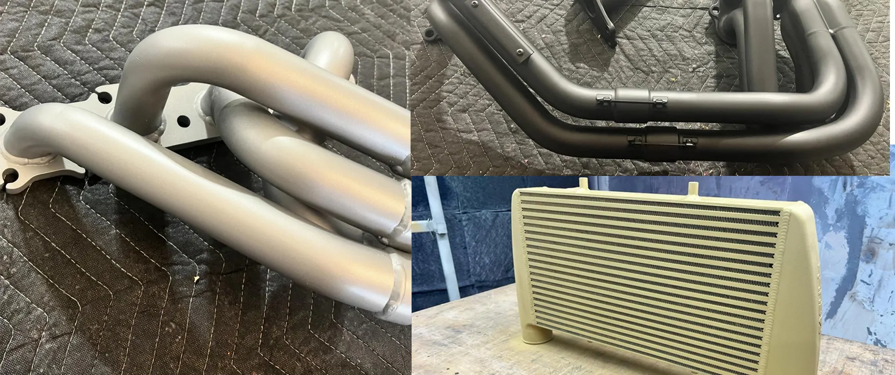 Collage of Cerakote-coated exhaust headers and an intercooler